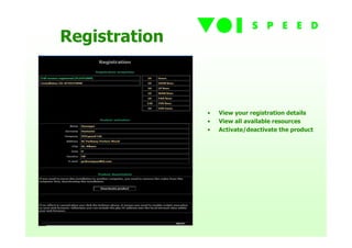 Registration



               •   View your registration details
               •   View all available resources
               •   Activate/deactivate the product
 