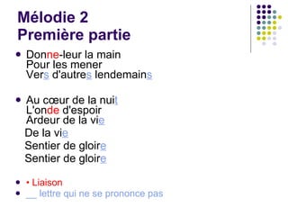Mélodie 2 Première partie Don ne -leur la main Pour les mener Ver s  d'autre s  lendemain s Au cœur de la nui t L'on de  d'espoir Ardeur de la vi e De la vi e Sentier de gloir e Sentier de gloir e •  Liaison __ lettre qui ne se prononce pas 