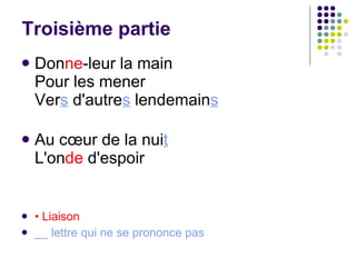 Troisième partie Don ne -leur la main Pour les mener Ver s  d'autre s  lendemain s Au cœur de la nui t L'on de  d'espoir •  Liaison __ lettre qui ne se prononce pas 