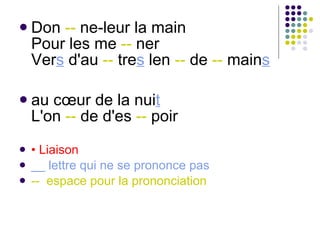 Don  --  ne-leur la main Pour les me  --  ner Ver s  d'au  --  tre s  len  --  de  --  main s   au cœur de la nui t L'on  --  de d'es  --  poir •  Liaison __ lettre qui ne se prononce pas --  espace pour la prononciation 