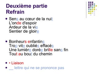 Deuxième partie Refrain Sen s  au cœur de la nui t L'on de  d'espoir Ardeur de la vi e Sentier de gloir e   Bonheur s   e nfantin s Tro p  vit e  oublié s  effacé s Une lumièr e  doré e  bri lle  san s  fin Tou t   a u bou t  du chemin •  Liaison __ lettre qui ne se prononce pas 