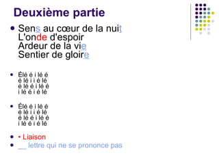 Deuxième partie Sen s  au cœur de la nui t L'on de  d'espoir Ardeur de la vi e Sentier de gloir e Élé é i lé é  é lé i i é lé  é lé é i lé é  i lé é i é lé Élé é i lé é  é lé i i é lé  é lé é i lé é  i lé é i é lé  •  Liaison __ lettre qui ne se prononce pas 