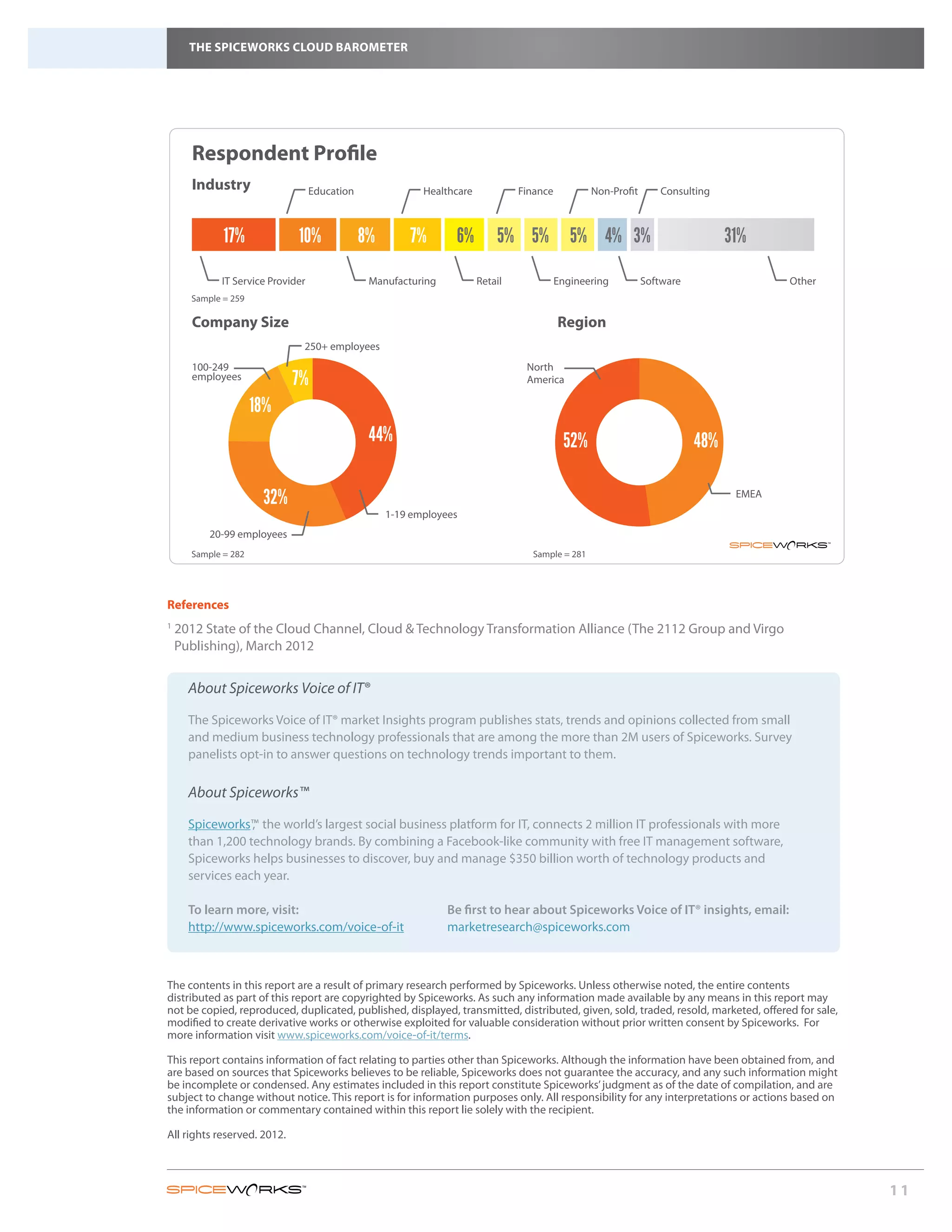 THE SPICEWORKS CLOUD BAROMETER




                  Respondent Profile

      44%         Industry                    Education               Healthcare            Finance          Non-Profit      Consulting



                         17%             10%              8%       7%       6%         5% 5%             5% 4% 3%                          31%
32%                     IT Service Provider                Manufacturing           Retail             Engineering         Software                 Other
                  Sample = 259

                  Company Size                                                                        Region
                                          250+ employees
                  100-249                                                                    North
                  employees              7%                                                  America

                                 18%
                                                           44%                                         52%                           48%

                                  32%                                                                                                       EMEA
                                                               1-19 employees
                      20-99 employees
                  Sample = 282                                                                Sample = 281




            References
            1
                2012 State of the Cloud Channel, Cloud & Technology Transformation Alliance (The 2112 Group and Virgo
                Publishing), March 2012


                  About Spiceworks Voice of IT®

                  The Spiceworks Voice of IT® market Insights program publishes stats, trends and opinions collected from small
                  and medium business technology professionals that are among the more than 2M users of Spiceworks. Survey
                  panelists opt-in to answer questions on technology trends important to them.

                  About Spiceworks™

                  Spiceworks™ the world’s largest social business platform for IT, connects 2 million IT professionals with more
                              ,
                  than 1,200 technology brands. By combining a Facebook-like community with free IT management software,
                  Spiceworks helps businesses to discover, buy and manage $350 billion worth of technology products and
                  services each year.

                  To learn more, visit:			                                 Be first to hear about Spiceworks Voice of IT® insights, email:
                  http://www.spiceworks.com/voice-of-it	                   marketresearch@spiceworks.com



            The contents in this report are a result of primary research performed by Spiceworks. Unless otherwise noted, the entire contents
            distributed as part of this report are copyrighted by Spiceworks. As such any information made available by any means in this report may
            not be copied, reproduced, duplicated, published, displayed, transmitted, distributed, given, sold, traded, resold, marketed, offered for sale,
            modified to create derivative works or otherwise exploited for valuable consideration without prior written consent by Spiceworks. For
            more information visit www.spiceworks.com/voice-of-it/terms.

            This report contains information of fact relating to parties other than Spiceworks. Although the information have been obtained from, and
            are based on sources that Spiceworks believes to be reliable, Spiceworks does not guarantee the accuracy, and any such information might
            be incomplete or condensed. Any estimates included in this report constitute Spiceworks’ judgment as of the date of compilation, and are
            subject to change without notice. This report is for information purposes only. All responsibility for any interpretations or actions based on
            the information or commentary contained within this report lie solely with the recipient.

            All rights reserved. 2012.



                                                                                                                                                              11
 