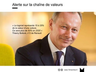 www.15marches.fr
Alerte sur la chaîne de valeurs
« Le logiciel représente 15 à 25%
de la valeur d’une voiture.
Ce sera plus de 50% en 2020 »
Thierry Bolloré, n°2 de Renault
 