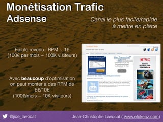 Monétisation Trafic
@jice_lavocat Jean-Christophe Lavocat ( www.elokenz.com)
Adsense
Faible revenu : RPM ~ 1€
(100€ par mois ~ 100K visiteurs)
Canal le plus facile/rapide
à mettre en place
Avec beaucoup d’optimisation
on peut monter à des RPM de
5€/10€
(100€/mois ~ 10K visiteurs)
 