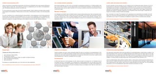 Unified Communications (UC)                                                                                                                Uw complete telefonie oplossing                                                                                                               voizXL werkt ook samen met resellers

Unified Communications is simpel gezegd het bijeenbrengen van diverse communicatiediensten zoals: instant messaging, elektronische         Met de telefonie oplossingen van voizXL heeft u een betrouwbaar en kostenbesparend alternatief voor uw traditionele telefonie oplos-          De voizXL oplossingen zijn zowel rechtstreeks van voizXL te betrekken als ook via geselecteerde resellers. Resellers van voizXL zijn
informatie, telefonie (inclusief VoIP), video-conferencing, call-control en spraakherkenning met niet realtime communicatiediensten,       sing. U hoeft niet meer te investeren in een dure telefooncentrale, die niet of slechts beperkt schaalbaar is. Een aparte telefoonlijn, met   grondig gescreend en onderschrijven de klantgerichtheid en kwaliteitseisen van voizXL. De keuze voor het werken met resellers is
zoals: CRM pakketten, geïntegreerde voicemail, e-mail, SMS en fax.                                                                         KPN abonnement, heeft u niet meer nodig! En natuurlijk kunt u er voor kiezen uw telefoonnummers mee te nemen (porteren) of nieuwe             vooral ingegeven door onze klanten. In veel gevallen hebben zij voor hun ICT al een partnership met een ICT bedrijf en/of een ser-
                                                                                                                                           nummers aan te vragen.                                                                                                                        vicecontract. In de meeste gevallen is men heel tevreden over het eigen ICT bedrijf en wil men, indien mogelijk, ook graag de VoIP-
UC is dus niet één product, maar een reeks van producten (meerdere apparaten, media en software) die met elkaar worden verbonden                                                                                                                                                         oplossingen door het eigen ICT bedrijf laten implementeren. Een prima gedachte, temeer omdat het eigen ICT bedrijf exact op de
tot één integraal communicatieplatform. Efficiënter werken en communiceren, informatie ophalen en opslaan, vervat in één totaal bedrijfs   Meerdere vestigingen                                                                                                                          hoogte is van het netwerk; zij hebben dit tenslotte zelf aangelegd.
proces.
                                                                                                                                           Al uw vestigingen kunnen gebruik maken van dezelfde centrale en uiteraard onderling kosteloos bellen. Maar ook thuiswerkers kunnen,           Bent u ook tevreden over uw eigen ICT servicepartner en wilt u graag dat deze nauw wordt betrokken bij de installatie van uw VoIP
UC is volop in ontwikkeling. Hard- en softwareontwikkelaars, telecomaanbieders, communicatiebedrijven en tal van andere professionele      mits een internetverbinding voorhanden is, gebruik maken van alle functionaliteiten van de centrale zoals doorverbinden, doorverbon-          netwerk? Voor voizXL geen enkel probleem! Wij werken bijna altijd nauw samen met de ICT servicepartner van onze klanten. Daar-
branches richten zich momenteel op de doorontwikkeling van UC. Nu al zijn er tal van mogelijkheden, maar de ontwikkelingen gaan            den worden, conference calls, en meer. Uw regionale vestigingen kunnen hun regionale nummers behouden of aanvragen. Ook uw                    naast bestaat ook voor uw eigen ICT servicepartner de mogelijkheid om reseller te worden van de flexibele voizXL oplossingen.
onverminderd door. Met de voizXL oplossingen bent u in staat de verschillende communicatiemogelijkheden te integreren; nu en in de         buitenlandse vestigingen kunnen op de centrale worden aangesloten met behoud van hun buitenlandse nummer (of desgewenst uw
toekomst! En natuurlijk kunt u ook gewoon eerst beginnen met uw telefonie te verhuizen naar voizXL; uitbreiden kan altijd nog.             Nederlandse nummer).                                                                                                                          Kortom, wij werken graag samen en kennen verschillende vormen van samenwerking.




Besparingen                                                                                                                                Zorgeloos overstappen                                                                                                                         Vrijblijvende besparingsanalyse

U bespaart met voizXL op diverse fronten, o.a.:                                                                                            Zorgeloos overstappen naar voizXL is binnen enkele dagen geregeld. Wij zorgen voor de portering van uw bestaande telefoon- en fax-            Voor nagenoeg alle soorten bedrijven weten wij een forse besparing op de totale telefoniekosten, inclusief hardware, te realiseren; niet
                                                                                                                                           nummers zodat er voor uw klanten niets veranderd. Eventuele nieuwe nummers worden desgewenst ook door ons verzorgd. De VoIP                   zelden tot gemiddeld zo’n 40%. Of wij ook voor ú dergelijke besparingen kunnen realiseren weet u als u gebruik maakt van onze vrijblij-
1.	 geen investeringen in telefooncentrale;                                                                                                oplossingen van voizXL werken ongeacht de internetaanbieder. De overgang naar VoIP kan door ons op elk door u gewenst moment                  vende besparingsanalyse. Uw huidige kosten worden afgezet tegen de kosten die u zou hebben als u gebruik maakt van onze 100%
2.	 voordelige telecom hardware;                                                                                                           worden gerealiseerd (24/7), zonder dat u onbereikbaar bent voor uw klanten.                                                                   hosted VoIP services. Het enige wat u hoeft te doen is ons uw facturen van de afgelopen maanden toe te sturen en wij gaan voor u
3.	 geen maandelijkse onderhoudskosten of kosten voor updates van software of hardware;                                                                                                                                                                                                  vergelijken. U ontvangt vervolgens een heldere analyse zodat u zelf kunt beoordelen of voizXL interessant is voor u.
4.	 lagere maandelijkse abonnementskosten;                                                                                                 Schaalbaarheid
5.	 lagere gesprekskosten.                                                                                                                                                                                                                                                               voizXL levert totaaloplossingen: advies, software en hardware. Zelfs als u al bent voorzien of nog niet toe bent aan hosted VoIP oplos-
                                                                                                                                           De 100% hosted Voice over IP (VoIP) oplossingen van voizXL bieden een uitkomst voor bedrijven met 1 of 2 werkplekken maar ook                 singen, kunnen wij u uitstekend van dienst zijn met advies over de voor u beste telefonie hardware oplossingen. Ongeacht hetgeen u
Een besparing op uw totale telefoniekosten van zo’n 40% behoort tot de reële mogelijkheden!                                                voor bedrijven met 300 tot 1.000 werkplekken. Over de uitbreiding van uw telefooncapaciteit hoeft u zich nooit zorgen meer te maken.          voor uw bedrijf nodig hebt; voizXL adviseert u goed en levert uw hardware altijd tegen zeer scherpe prijzen. Door onze grootschalige
                                                                                                                                           En verhuizen is een kwestie van de telefoon oppakken en aansluiten op uw internetverbinding en u kunt bellen en bent bereikbaar op uw         inkoop bieden wij u een ruim productassortiment, tegen prijzen die behoren tot de scherpste in de markt.
Bel onze salesafdeling voor meer informatie, of om een besparingsanalyse laten maken: 0346 583 091                                         vertrouwde nummer. Iemand die vanuit huis wil werken en bereikbaar moet zijn op het zakelijke nummer? Alles wat u hoeft te doen, is
                                                                                                                                           hem of haar een telefoon mee te geven!                                                                                                        Bel onze salesafdeling voor meer informatie: 0346 583 091.
 