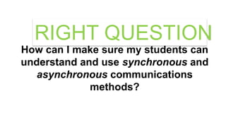 How can I make sure my students can
understand and use synchronous and
asynchronous communications
methods?
RIGHT QUESTION
 