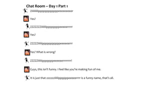 Chat Room – Day 1 Part 1
Ziiiiiiiiiippppppppppppeeeeeeeeer
Yes?
ZZZZZZZiiiiiiiippppppppeeeeerrrrr
Yes?
ZZZZZiiiiiipppppppppppeeeeeerrr
Yes? What is wrong?
ZZZZZiiiiiipppppppeeeeeerrrrrrrr!
Guys, this isn’t funny. I feel like you’re making fun of me.
It is just that zzzzzziiiiiippppppeeeeerrrr is a funny name, that’s all.
 
