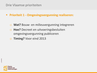 Vokatitel17
Drie Vlaamse prioriteiten
 Prioriteit 1 - Omgevingsvergunning realiseren:
o Wat? Bouw- en milieuvergunning integreren
o Hoe? Decreet en uitvoeringsbesluiten
omgevingsvergunning publiceren
o Timing? Voor eind 2013
 