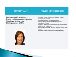 13
STRATEGY MAPS FACULTY: SOPHIE DEBOISERIE
•Linking strategy & motivation
•Planning of the strategy execution
•Creating a strategy map
•Linking strategy & KPI’s
Professor in CSP programmes, strategy, change
management at Solvay
Consultant & coach in these specialties
Director change management at the Antwerp
management school
Professor at the Institute for business development & at
the University of Brussels
Manager & core faculty at Vlerick Business school for 9
Years
Master in applied economics (University Antwerp)
 