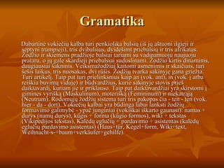 Gramatika Dabartinė vokiečių kalba turi penkiolika balsių (iš jų aštuoni ilgieji ir septyni trumpieji), tris dvibalsius, dvidešimt priebalsių ir tris afrikatas. Žodžio ir skiemens pradžioje balsiai tariami su vadinamuoju naujuoju prataru, o jų gale skardieji priebalsiai suduslinami. Žodžio kirtis dinaminis, daugiausiai šakninis. Veiksmažodžiai kaitomi asmenimis ir skaičiais, turi šešis laikus, tris nuosakas, dvi rūšis. Žodžių tvarka sakinyje gana griežta. Turi artikelį. Taip pat turi prielinksnius kaip an (vok. ant), in (vok. į arba reiškia buvimą viduje) ir būdvardžius, kurie sakinyje stovis prieš daiktavardį, kuriam jie ir priklauso. Taip pat daiktavardžiai yra skirstomi į gimines vyrišką (Maskulinum), moterišką (Femininum) ir niekatrąją (Neutrum). Rodomųjų žodžių sistema turi tris pakopas čia - ten - ten (vok. hier - da - dort). Vokiečių kalbai yra būdinga labai lanksti žodžių formavimo galimybė - ypač junginiai (vokiškai iškarto gaunasi): namas + durys (namų durys), kūgis + forma (kūgio formos), wiki + tekstas (Vikipedijos tekstas), Kalėdų eglučių + pardavimo + asistentas (kalėdų eglučių pardavimo asistentas) (Haus+tür, Kegel+form, Wiki+text, Weihnacht-s-+baum+verkäufer+gehilfe). 