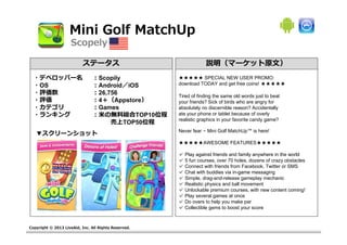 Mini Golf MatchUp
                     Scopely

                           ステータス                                  説明（マーケット原文）
  ・デベロッパー名  ：Scopily                                  ★★★★★ SPECIAL NEW USER PROMO:
  ・OS       ：Android／iOS                              download TODAY and get free coins! ★★★★★
  ・評価数      ：26,756
  ・評価       ：4＋（Appstore）
                                                      Tired of finding the same old words just to beat

  ・カテゴリ     ：Games
                                                      your friends? Sick of birds who are angry for

  ・ランキング
                                                      absolutely no discernible reason? Accidentally
            ：⽶の無料総合TOP10位程                            ate your phone or tablet because of overly
               売上TOP50位程                              realistic graphics in your favorite candy game?

   ▼スクリーンショット                                         Never fear – Mini Golf MatchUp™ is here!

                                                      ★★★★★AWESOME FEATURES★★★★★

                                                      ✓ Play against friends and family anywhere in the world
                                                      ✓ 5 fun courses, over 70 holes, dozens of crazy obstacles
                                                      ✓ Connect with friends from Facebook, Twitter or SMS
                                                      ✓ Chat with buddies via in-game messaging
                                                      ✓ Simple, drag-and-release gameplay mechanic
                                                      ✓ Realistic physics and ball movement
                                                      ✓ Unlockable premium courses, with new content coming!
                                                      ✓ Play several games at once
                                                      ✓ Do overs to help you make par
                                                      ✓ Collectible gems to boost your score



Copyright © 2013 LiveAid, Inc. All Rights Reserved.
 