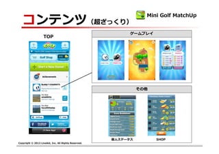 コンテンツ（超ざっくり）
                                                                  Mini Golf MatchUp


                                                            ゲームプレイ
                    TOP




                                                                その他




                                                      個人ステータス         SHOP
Copyright © 2013 LiveAid, Inc. All Rights Reserved.
 
