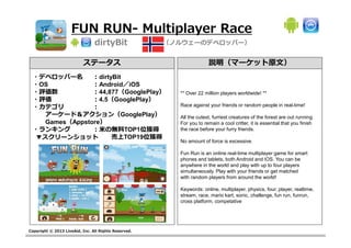 Copyright © 2013 LiveAid, Inc. All Rights Reserved.
FUN RUN- Multiplayer Race
dirtyBit
ステータス
・デベロッパー名 ：dirtyBit
・OS ：Android／iOS
・評価数 ：44,877（GooglePlay）
・評価 ：4.5（GooglePlay）
・カテゴリ ：
アーケード＆アクション（GooglePlay）
Games（Appstore）
・ランキング ：⽶の無料TOP1位獲得
売上TOP19位獲得▼スクリーンショット
説明（マーケット原文）
** Over 22 million players worldwide! **
Race against your friends or random people in real-time!
All the cutest, furriest creatures of the forest are out running.
For you to remain a cool critter, it is essential that you finish
the race before your furry friends.
No amount of force is excessive.
Fun Run is an online real-time multiplayer game for smart
phones and tablets, both Android and iOS. You can be
anywhere in the world and play with up to four players
simultaneously. Play with your friends or get matched
with random players from around the world!
Keywords: online, multiplayer, physics, four, player, realtime,
stream, race, mario kart, sonic, challenge, fun run, funrun,
cross platform, competative
（ノルウェーのデベロッパー）
 
