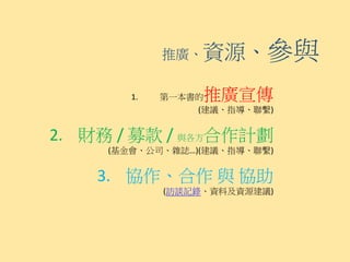 推廣、資源、       參與
        1.   第一本書的推廣宣傳
                 (建議、指導、聯繫)


2. 財務 / 募款 / 與各方合作計劃
     (基金會、公司、雜誌…)(建議、指導、聯繫)


    3. 協作、合作 與 協助
             (訪談記錄、資料及資源建議)
 