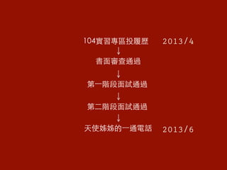104實習專區投履歷	
書面審查通過	
第⼀一階段面試通過	
第二階段面試通過	
天使姊姊的⼀一通電話	
2013/4
2013/6
 