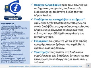 *ΑΙΤΗΜΑΤΑ ΓΙΑ…:
Αποκατάσταση βλαβών
οδοστρώματος (ασφαλτόστρωση,
λακκούβες, κ.α.)
Συντήρηση υπαίθριων και
κοινόχρηστων χώρων (παιδικές
χαρές, πάρκα, κ.α.)
Καθαρισμό δημόσιων χώρων από
graffiti
Αποκατάσταση βλαβών στο
δίκτυο δημοτικού φωτισμού
Οδοκαθαρισμός – αποκομιδή
οικιακών απορριμμάτων
Απομάκρυνση ογκωδών
αντικειμένων
Επισκευή/αντικατάσταση/
πλύσιμο κάδων
Δενδροφύτευση / Κλάδεμα /
Χορτοκοπή / Πότισμα Πρασίνου
Οδών & Κοινόχρηστων Χώρων

 Παρέχει πληροφορίες προς τους πολίτες για
τις δημοτικές υπηρεσίες, τις διοικητικές
διαδικασίες και τα όργανα διοίκησης του
Δήμου Χανίων.
 Υποδέχεται και καταγράφει τα αιτήματα*
καθώς και τυχόν παράπονα των πολιτών, τα
οποία διαβιβάζει στις αρμόδιες υπηρεσίες του
Δήμου, ενημερώνοντας ταυτόχρονα τους
πολίτες για την εξέλιξη/διεκπεραίωση των
αιτημάτων τους.
 Ενημερώνει τους πολίτες για τα κάθε είδους
προγράμματα και δράσεις που σχεδιάζει ή
υλοποιεί ο Δήμος Χανίων.
 Υποστηρίζει τους πολίτες στη διαδικασία
συμπλήρωσης των διαφόρων έντυπων για την
επικοινωνία/συναλλαγή τους με το Δήμο (π.χ.
αιτήσεων).

Συνέδριο «Δημιουργικές Πόλεις - Συνδυάζοντας την Καινοτομία με τη Βιώσιμη Ανάπτυξη» | 22 & 23 Νοεμβρίου 2013

4

 