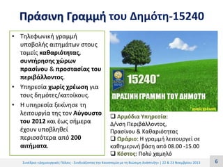 Πράσινη Γραμμή του Δημότη-15240
• Tηλεφωνική γραμμή
υποβολής αιτημάτων στους
τομείς καθαριότητας,
συντήρησης χώρων
πρασίνου & προστασίας του
περιβάλλοντος.
• Υπηρεσία χωρίς χρέωση για
τους δημότες/κατοίκους.
• Η υπηρεσία ξεκίνησε τη
λειτουργία της τον Αύγουστο
του 2012 και έως σήμερα
έχουν υποβληθεί
περισσότερα από 200
αιτήματα.

 Αρμόδια Υπηρεσία:
Δ/νση Περιβάλλοντος,
Πρασίνου & Καθαριότητας
 Ωράριο: Η γραμμή λειτουργεί σε
καθημερινή βάση από 08.00 -15.00
 Κόστος: Πολύ χαμηλό

Συνέδριο «Δημιουργικές Πόλεις - Συνδυάζοντας την Καινοτομία με τη Βιώσιμη Ανάπτυξη» | 22 & 23 Νοεμβρίου 2013

6

 
