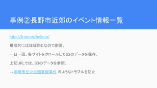 事例②長野市近郊のイベント情報一覧
http://b-sw.co/hokuto/
● 一日一回、Lambda関数で各サイトをクロールし、S3へデータを保存。
● フロントエンド（上記URL）では、S3のデータを参照。
→岡崎市立中央図書館事件 のようなトラブルを防止
 