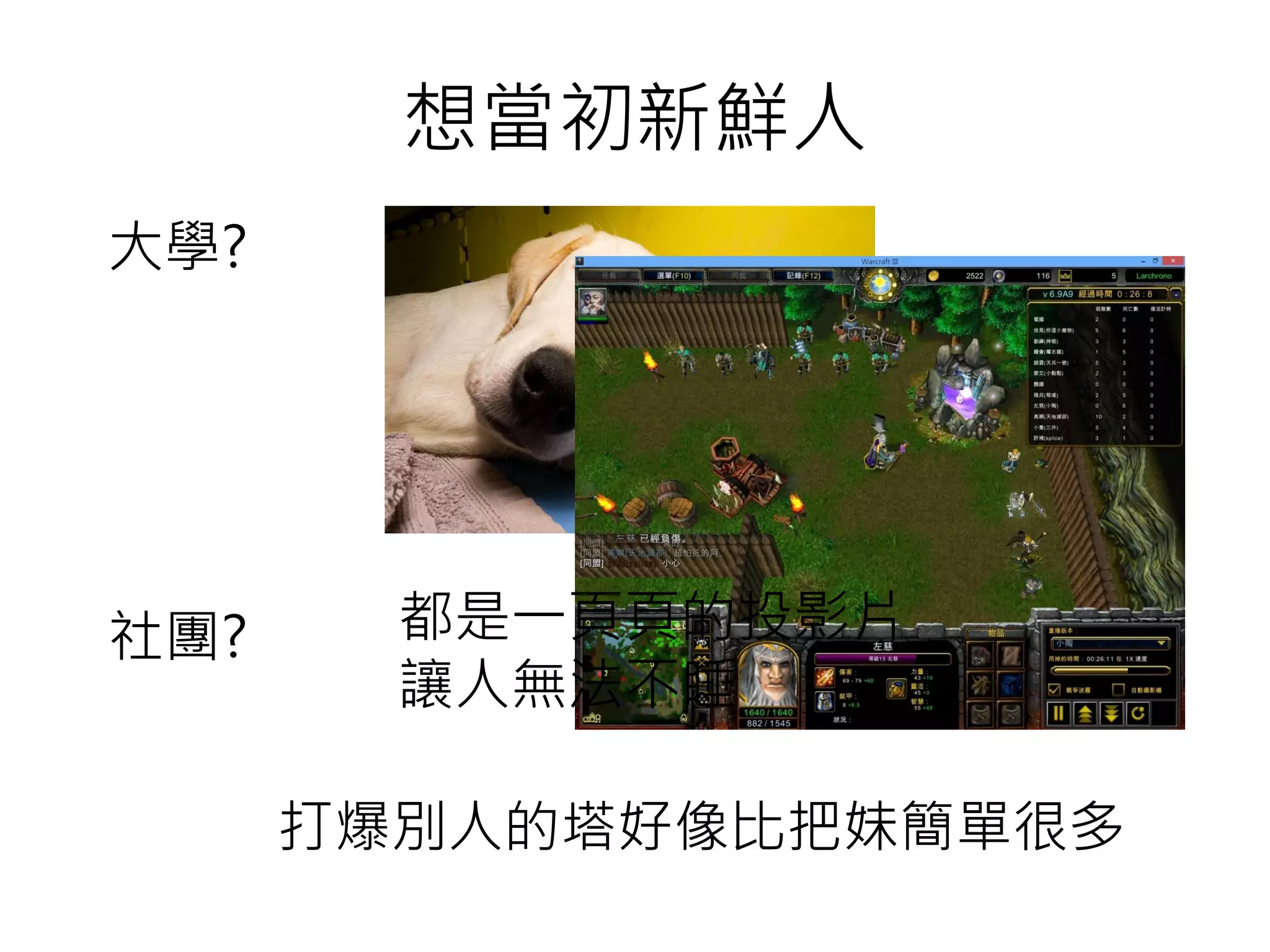 想當初新鮮人
大學?
社團? 都是一頁頁的投影片
讓人無法不睡
打爆別人的塔好像比把妹簡單很多
 