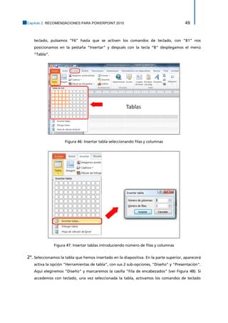 Capítulo 2. RECOMENDACIONES PARA POWERPOINT 2010 49 
teclado, pulsamos “F6” hasta que se activen los comandos de teclado, con “B1” nos posicionamos en la pestaña “Insertar” y después con la tecla “B” desplegamos el menú “Tabla”. 
Se seleccionan las filas y columnas para crear la tabla deseada. 
Figura 46: Insertar tabla seleccionando filas y columnas 
Figura 47: Insertar tablas introduciendo número de filas y columnas 
2º. Seleccionamos la tabla que hemos insertado en la diapositiva. En la parte superior, aparecerá activa la opción "Herramientas de tabla", con sus 2 sub-opciones, "Diseño" y "Presentación". Aquí elegiremos "Diseño" y marcaremos la casilla "Fila de encabezados" (ver Figura 48). Si accedemos con teclado, una vez seleccionada la tabla, activamos los comandos de teclado  