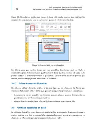 Guía para elaborar documentación digital accesible 
84 Recomendaciones para Word, PowerPoint y Excel de Microsoft Office 2010 
Figura 90). No debemos olvidar, que cuando la tabla esté creada, tenemos que modificar los encabezados para asignar a cada uno un nombre que sea lo suficientemente claro. 
Figura 90: Insertar tabla con encabezados 
Por último, para que nuestras tablas sean más accesibles, deberíamos incluir un título o descripción explicando la información que transmite la tabla. Su ubicación más adecuada es, la primera celda de la primera columna en la que vamos a ubicar la tabla, así será lo primero que lean los producto de apoyo antes de acceder a su contenido. 
Evitar elementos flotantes 3.4.7. 
No debemos utilizar elementos gráficos o de otro tipo, que se colocan de tal forma que mantienen flotantes en celdas o tablas pues generan los siguientes problemas de accesibilidad: 
▫ Generalmente no son accesibles en sí mismos, es decir, algunos usuarios directamente no podrán acceder a la información que muestran. 
▫ Al estar flotantes, pueden tapar información importante que pasará inadvertida. 
3.5. Gráficos accesibles en Excel 
La utilización de gráficos en un documento, puede facilitar la compresión de algunos datos para muchos usuarios, pero si no se crean de la forma adecuada, pueden generar graves problemas en el acceso a la información para personas con dificultades de visión.  