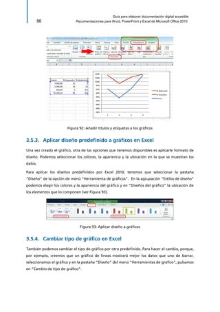 Guía para elaborar documentación digital accesible 
86 Recomendaciones para Word, PowerPoint y Excel de Microsoft Office 2010 
Figura 92: Añadir títulos y etiquetas a los gráficos 
Aplicar diseño predefinido a gráficos en Excel 3.5.3. 
Una vez creado el gráfico, otra de las opciones que tenemos disponibles es aplicarle formato de diseño. Podemos seleccionar los colores, la apariencia y la ubicación en la que se muestran los datos. 
Para aplicar los diseños predefinidos por Excel 2010, tenemos que seleccionar la pestaña “Diseño” de la opción de menú “Herramienta de gráficos”. En la agrupación “Estilos de diseño” podemos elegir los colores y la apariencia del gráfico y en “Diseños del gráfico” la ubicación de los elementos que lo componen (ver Figura 93). 
Figura 93: Aplicar diseño a gráficos 
Cambiar tipo de gráfico en Excel 3.5.4. 
También podemos cambiar el tipo de gráfico por otro predefinido. Para hacer el cambio, porque, por ejemplo, creemos que un gráfico de líneas mostrará mejor los datos que uno de barrar, seleccionamos el gráfico y en la pestaña “Diseño” del menú “Herramientas de gráfico”, pulsamos en “Cambio de tipo de gráfico”.  