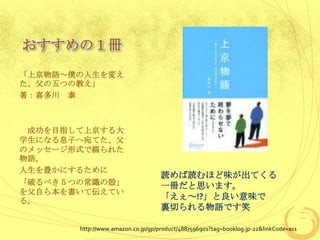 おすすめの１冊
「上京物語～僕の人生を変え
た、父の五つの教え」
著：喜多川 泰



 成功を目指して上京する大
学生になる息子へ宛てた、父
のメッセージ形式で綴られた
物語。
人生を豊かにするために
                                   読めば読むほど味が出てくる
「破るべき５つの常識の殻」                      一冊だと思います。
を父自ら本を書いて伝えてい
る。
                                   「えぇ～!?」と良い意味で
                                   裏切られる物語です笑

       http://www.amazon.co.jp/gp/product/4887596901?tag=booklog.jp-22&linkCode=as1
 