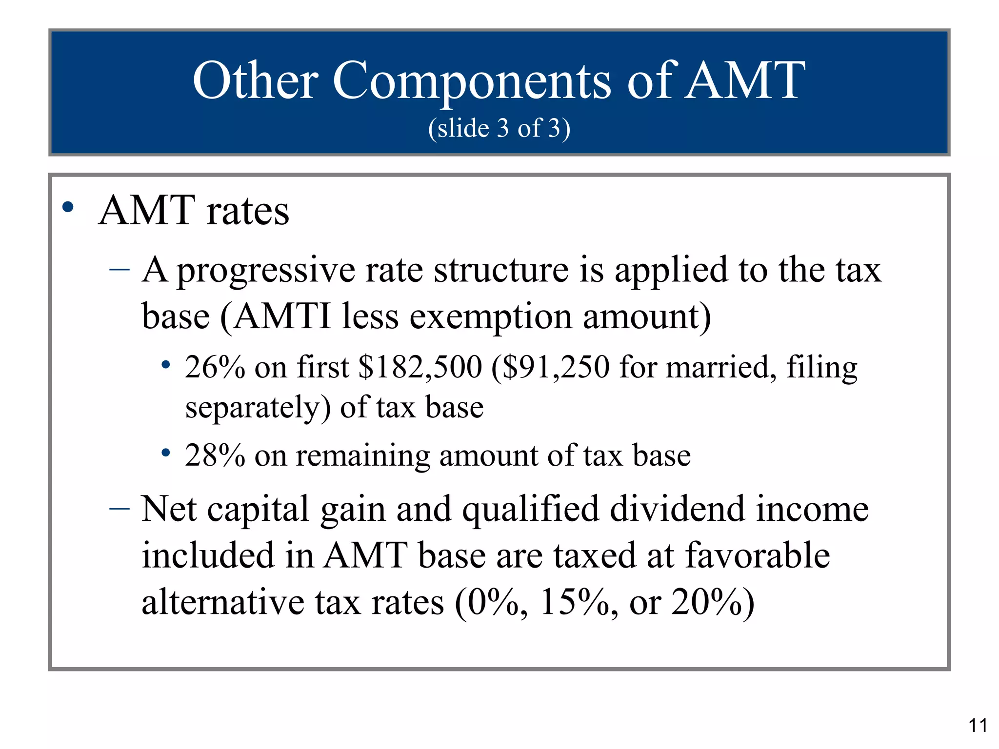 11
Other Components of AMT
(slide 3 of 3)
• AMT rates
– A progressive rate structure is applied to the tax
base (AMTI less exemption amount)
• 26% on first $182,500 ($91,250 for married, filing
separately) of tax base
• 28% on remaining amount of tax base
– Net capital gain and qualified dividend income
included in AMT base are taxed at favorable
alternative tax rates (0%, 15%, or 20%)
 