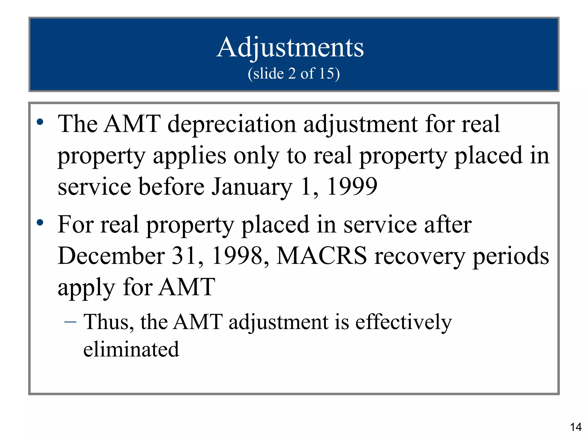 14
Adjustments
(slide 2 of 15)
• The AMT depreciation adjustment for real
property applies only to real property placed in
service before January 1, 1999
• For real property placed in service after
December 31, 1998, MACRS recovery periods
apply for AMT
– Thus, the AMT adjustment is effectively
eliminated
 