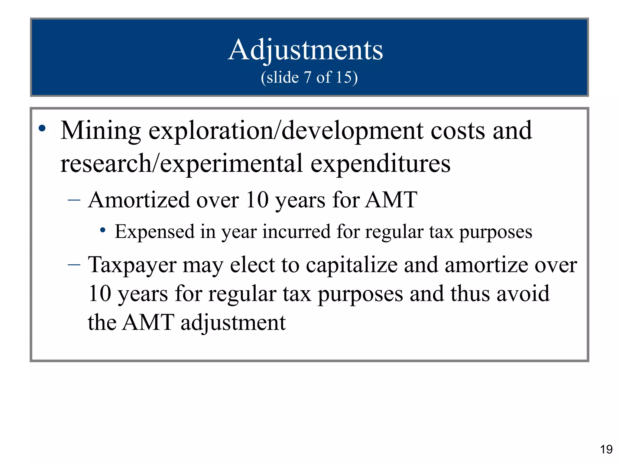 19
Adjustments
(slide 7 of 15)
• Mining exploration/development costs and
research/experimental expenditures
– Amortized over 10 years for AMT
• Expensed in year incurred for regular tax purposes
– Taxpayer may elect to capitalize and amortize over
10 years for regular tax purposes and thus avoid
the AMT adjustment
 