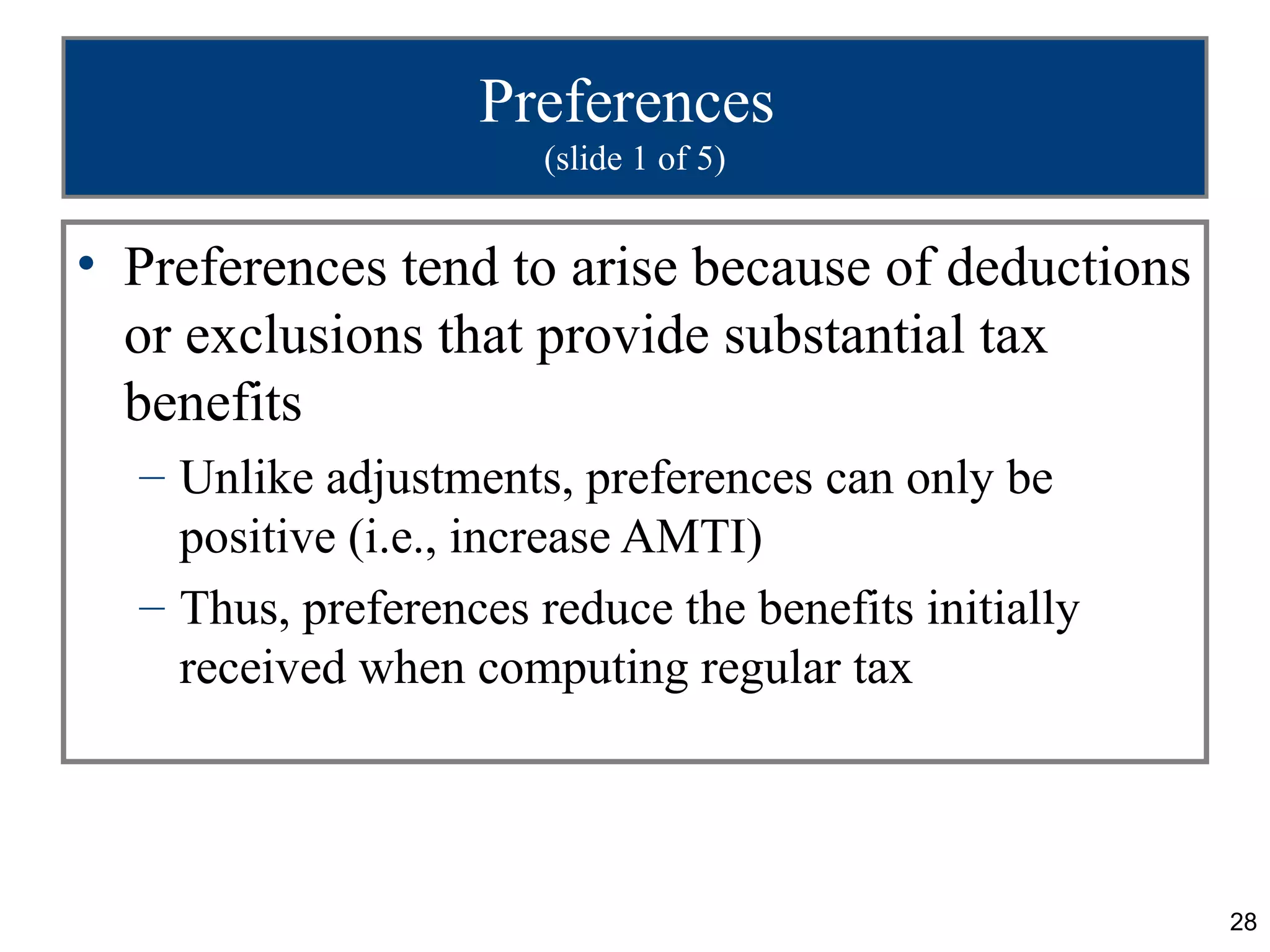 28
Preferences
(slide 1 of 5)
• Preferences tend to arise because of deductions
or exclusions that provide substantial tax
benefits
– Unlike adjustments, preferences can only be
positive (i.e., increase AMTI)
– Thus, preferences reduce the benefits initially
received when computing regular tax
 