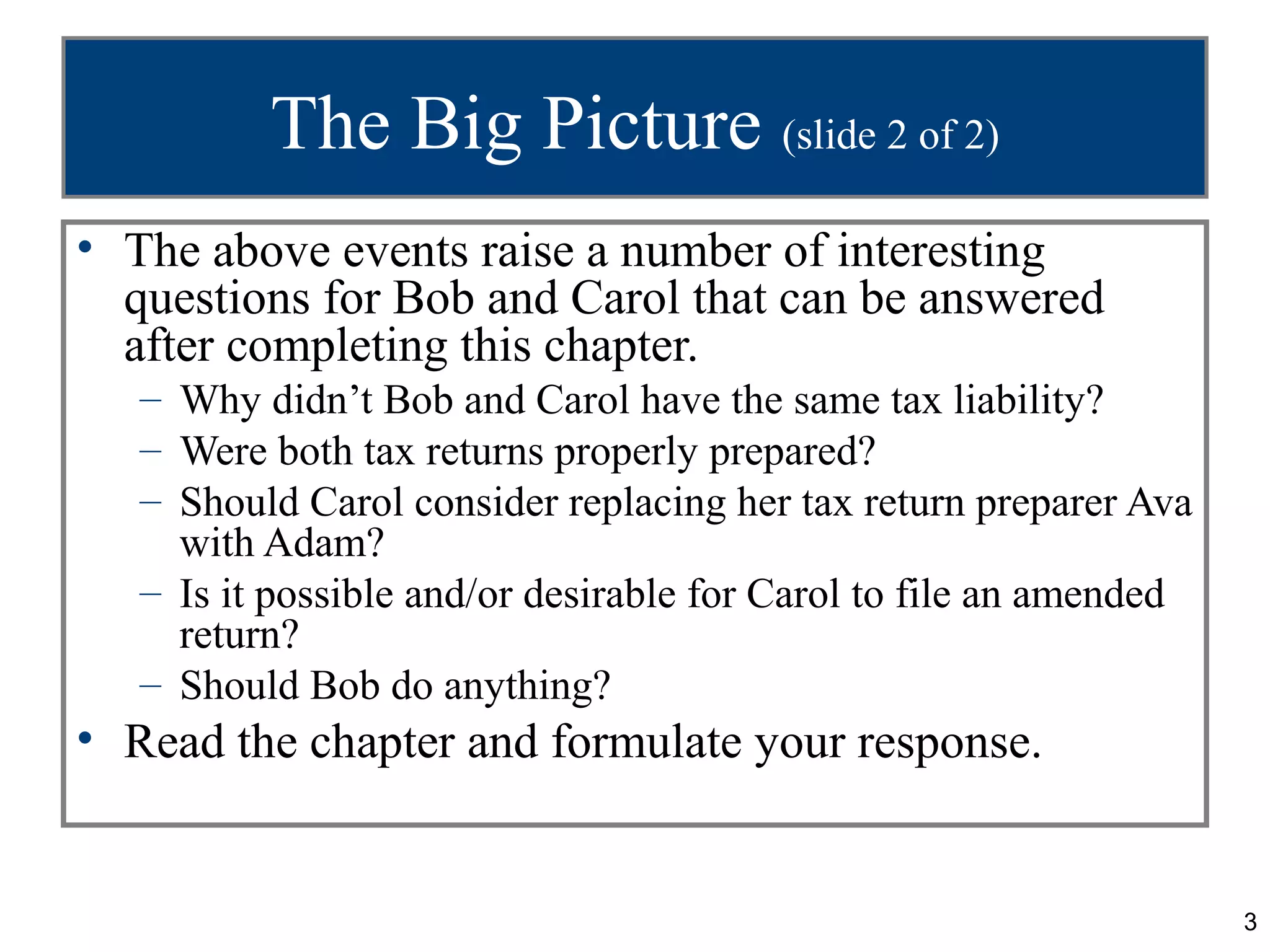 3
The Big Picture (slide 2 of 2)
• The above events raise a number of interesting
questions for Bob and Carol that can be answered
after completing this chapter.
– Why didn’t Bob and Carol have the same tax liability?
– Were both tax returns properly prepared?
– Should Carol consider replacing her tax return preparer Ava
with Adam?
– Is it possible and/or desirable for Carol to file an amended
return?
– Should Bob do anything?
• Read the chapter and formulate your response.
 