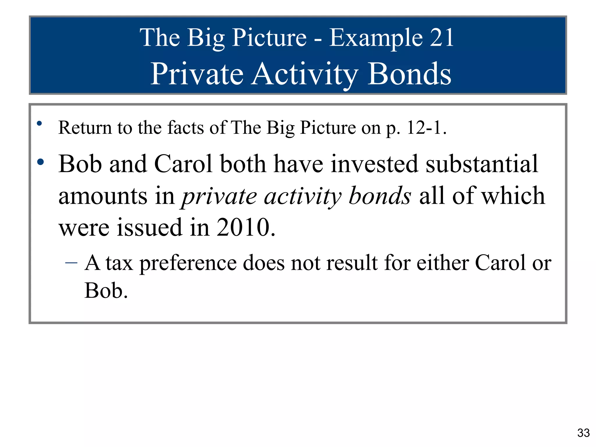 33
The Big Picture - Example 21
Private Activity Bonds
• Return to the facts of The Big Picture on p. 12-1.
• Bob and Carol both have invested substantial
amounts in private activity bonds all of which
were issued in 2010.
– A tax preference does not result for either Carol or
Bob.
 