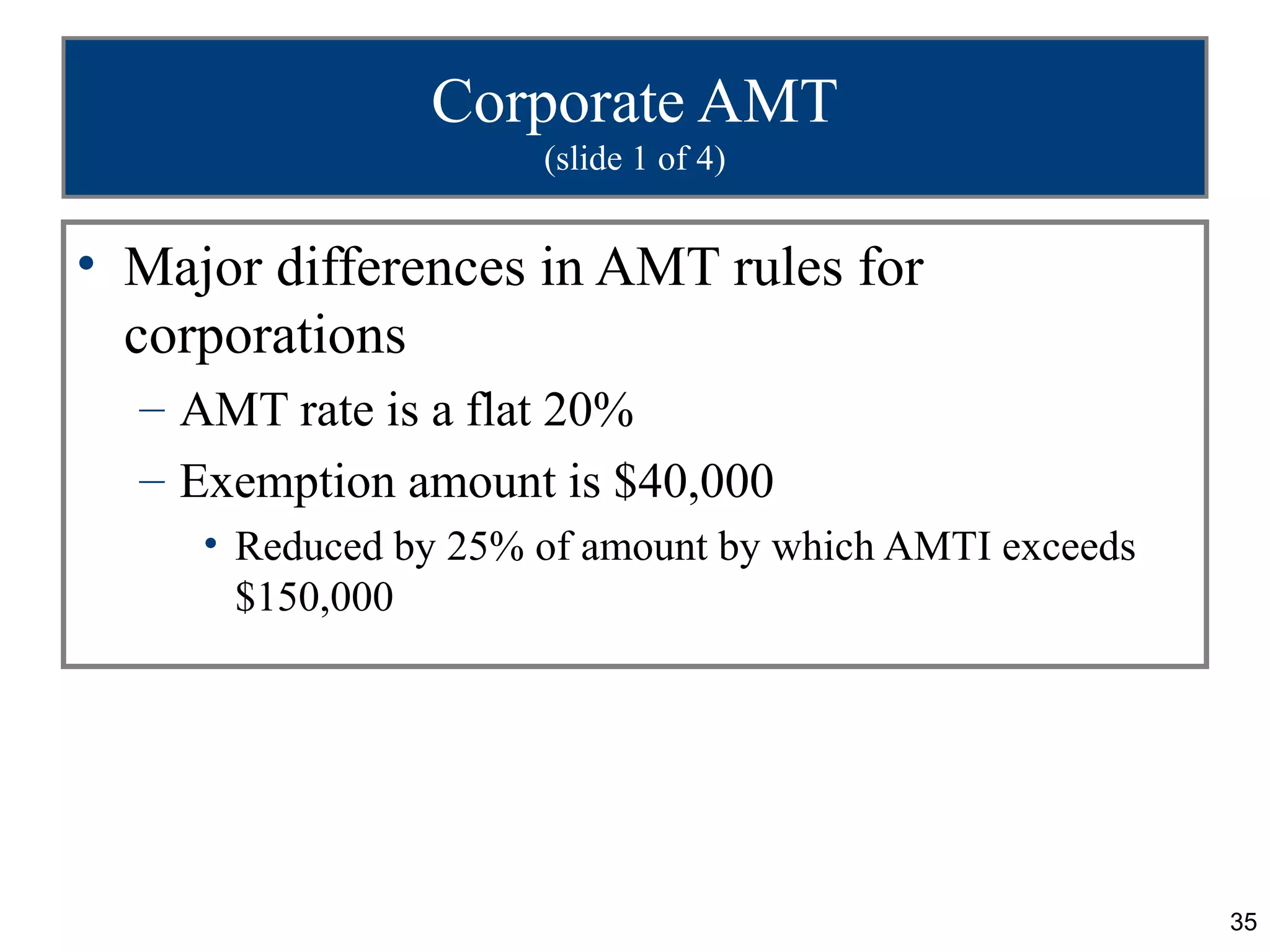 35
Corporate AMT
(slide 1 of 4)
• Major differences in AMT rules for
corporations
– AMT rate is a flat 20%
– Exemption amount is $40,000
• Reduced by 25% of amount by which AMTI exceeds
$150,000
 