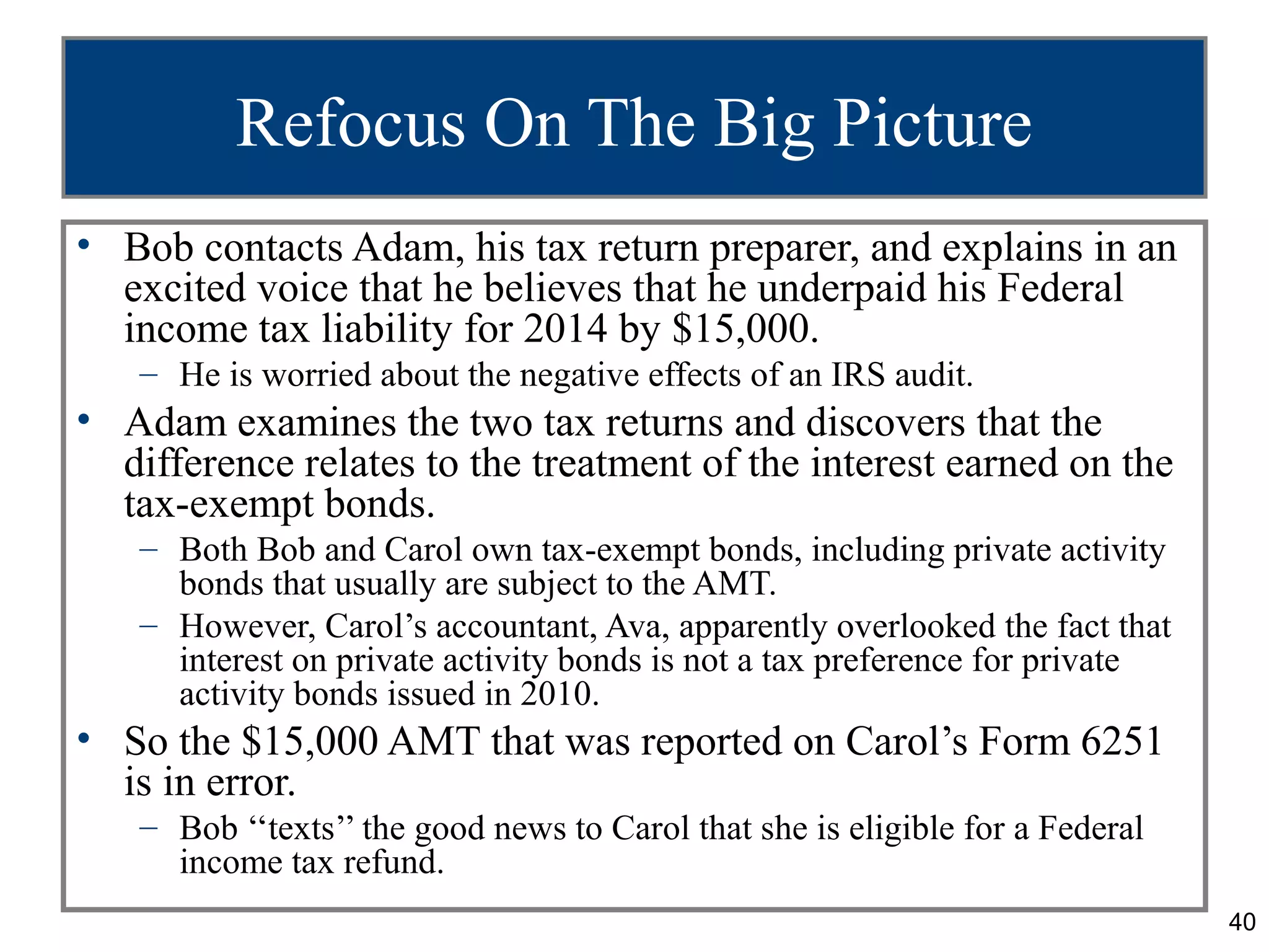 40
Refocus On The Big Picture
• Bob contacts Adam, his tax return preparer, and explains in an
excited voice that he believes that he underpaid his Federal
income tax liability for 2014 by $15,000.
– He is worried about the negative effects of an IRS audit.
• Adam examines the two tax returns and discovers that the
difference relates to the treatment of the interest earned on the
tax-exempt bonds.
– Both Bob and Carol own tax-exempt bonds, including private activity
bonds that usually are subject to the AMT.
– However, Carol’s accountant, Ava, apparently overlooked the fact that
interest on private activity bonds is not a tax preference for private
activity bonds issued in 2010.
• So the $15,000 AMT that was reported on Carol’s Form 6251
is in error.
– Bob ‘‘texts’’ the good news to Carol that she is eligible for a Federal
income tax refund.
 