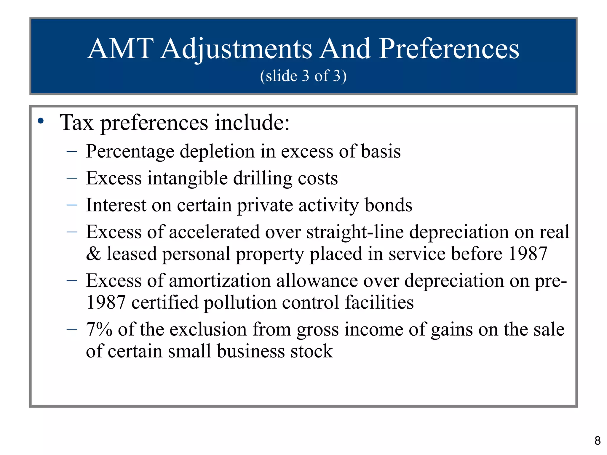8
AMT Adjustments And Preferences
(slide 3 of 3)
• Tax preferences include:
– Percentage depletion in excess of basis
– Excess intangible drilling costs
– Interest on certain private activity bonds
– Excess of accelerated over straight-line depreciation on real
& leased personal property placed in service before 1987
– Excess of amortization allowance over depreciation on pre-
1987 certified pollution control facilities
– 7% of the exclusion from gross income of gains on the sale
of certain small business stock
 