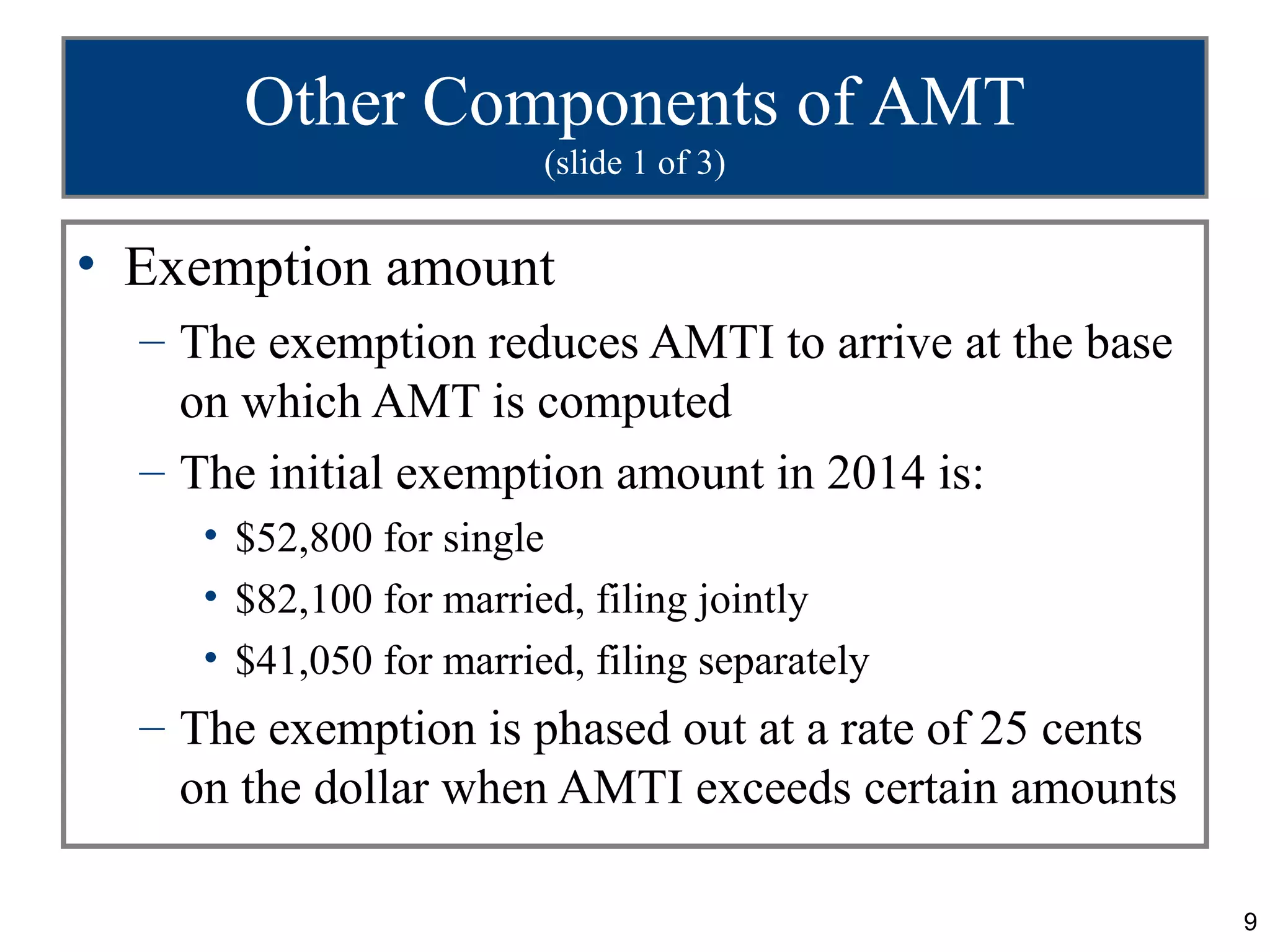 9
Other Components of AMT
(slide 1 of 3)
• Exemption amount
– The exemption reduces AMTI to arrive at the base
on which AMT is computed
– The initial exemption amount in 2014 is:
• $52,800 for single
• $82,100 for married, filing jointly
• $41,050 for married, filing separately
– The exemption is phased out at a rate of 25 cents
on the dollar when AMTI exceeds certain amounts
 