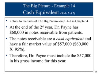 26
The Big Picture - Example 14
Cash Equivalent (Slide 2 of 2)
• Return to the facts of The Big Picture on p. 4-1 in Chapter 4.
• At the end of the 2nd
year, Dr. Payne has
$60,000 in notes receivable from patients.
• The notes receivable are a cash equivalent and
have a fair market value of $57,000 ($60,000
X 95%).
• Therefore, Dr. Payne must include the $57,000
in his gross income for this year.
 