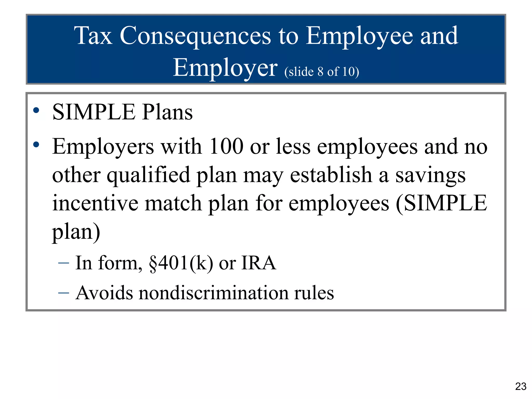 23
Tax Consequences to Employee and
Employer (slide 8 of 10)
• SIMPLE Plans
• Employers with 100 or less employees and no
other qualified plan may establish a savings
incentive match plan for employees (SIMPLE
plan)
– In form, §401(k) or IRA
– Avoids nondiscrimination rules
 