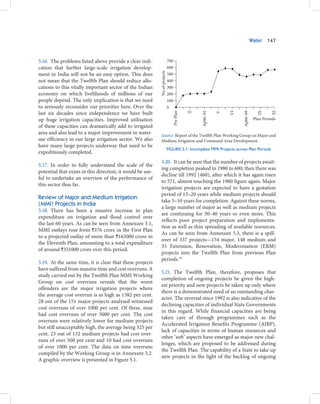 Water   147



5.16. The problems listed above provide a clear indi-                        700
cation that further large-scale irrigation develop-                          600




                                                            No of projects
ment in India will not be an easy option. This does                          500
not mean that the Twelfth Plan should reduce allo-                           400
cations to this vitally important sector of the Indian                       300
economy on which livelihoods of millions of our                              200
people depend. The only implication is that we need                          100
to seriously reconsider our priorities here. Over the                        0




                                                                                   Pre Plan


                                                                                              II


                                                                                                   Ap90–92


                                                                                                             V


                                                                                                                 VI


                                                                                                                      Ap66–69


                                                                                                                                   IX


                                                                                                                                           XI
last six decades since independence we have built
up huge irrigation capacities. Improved utilisation                                                                              Plan Periods
of these capacities can dramatically add to irrigated
area and also lead to a major improvement in water-         Source: Report of the Twelfth Plan Working Group on Major and
use efficiency in our large irrigation sector. We also      Medium Irrigation and Command Area Development.
have many large projects underway that need to be
                                                                             FIGURE 5.1: Incomplete MMI Projects across Plan Periods
expeditiously completed.
                                                            5.20. It can be seen that the number of projects await-
5.17. In order to fully understand the scale of the
                                                            ing completion peaked in 1980 to 600; then there was
potential that exists in this direction, it would be use-
                                                            decline till 1992 (460), after which it has again risen
ful to undertake an overview of the performance of
                                                            to 571, almost touching the 1980 figure again. Major
this sector thus far.
                                                            irrigation projects are expected to have a gestation
                                                            period of 15–20 years while medium projects should
Review of Major and Medium Irrigation
                                                            take 5–10 years for completion. Against these norms,
(MMI) Projects in India
                                                            a large number of major as well as medium projects
5.18. There has been a massive increase in plan
                                                            are continuing for 30–40 years or even more. This
expenditure on irrigation and flood control over
                                                            reflects poor project preparation and implementa-
the last 60 years. As can be seen from Annexure 5.1,
                                                            tion as well as thin spreading of available resources.
MMI outlays rose from `376 crore in the First Plan
                                                            As can be seen from Annexure 5.3, there is a spill-
to a projected outlay of more than `165000 crore in
                                                            over of 337 projects—154 major, 148 medium and
the Eleventh Plan, amounting to a total expenditure
                                                            35 Extension, Renovation, Modernisation (ERM)
of around `351000 crore over this period.
                                                            projects into the Twelfth Plan from previous Plan
                                                            periods.19
5.19. At the same time, it is clear that these projects
have suffered from massive time and cost overruns. A
                                                            5.21. The Twelfth Plan, therefore, proposes that
study carried out by the Twelfth Plan MMI Working
                                                            completion of ongoing projects be given the high-
Group on cost overruns reveals that the worst
                                                            est priority and new projects be taken up only where
offenders are the major irrigation projects where
                                                            there is a demonstrated need of an outstanding char-
the average cost overrun is as high as 1382 per cent.
                                                            acter. The reversal since 1992 is also indicative of the
28 out of the 151 major projects analysed witnessed
                                                            declining capacities of individual State Governments
cost overruns of over 1000 per cent. Of these, nine
                                                            in this regard. While financial capacities are being
had cost overruns of over 5000 per cent. The cost
                                                            taken care of through programmes such as the
overruns were relatively lower for medium projects
                                                            Accelerated Irrigation Benefits Programme (AIBP),
but still unacceptably high, the average being 325 per
                                                            lack of capacities in terms of human resources and
cent. 23 out of 132 medium projects had cost over-
                                                            other ‘soft’ aspects have emerged as major new chal-
runs of over 500 per cent and 10 had cost overruns
                                                            lenges, which are proposed to be addressed during
of over 1000 per cent. The data on time overruns
                                                            the Twelfth Plan. The capability of a State to take up
compiled by the Working Group is in Annexure 5.2.
                                                            new projects in the light of the backlog of ongoing
A graphic overview is presented in Figure 5.1.
 