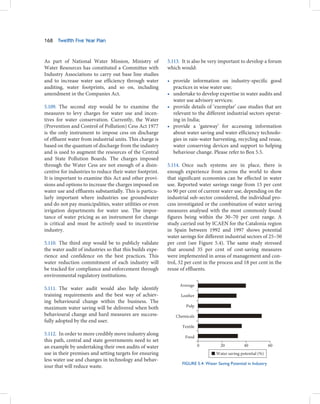 168   Twelfth Five Year Plan



As part of National Water Mission, Ministry of            5.113. It is also be very important to develop a forum
Water Resources has constituted a Committee with          which would:
Industry Associations to carry out base line studies
and to increase water use efficiency through water        • provide information on industry-specific good
auditing, water footprints, and so on, including            practices in wise water use;
amendment in the Companies Act.                           • undertake to develop expertise in water audits and
                                                            water use advisory services;
5.109. The second step would be to examine the            • provide details of ‘exemplar’ case studies that are
measures to levy charges for water use and incen-           relevant to the different industrial sectors operat-
tives for water conservation. Currently, the Water          ing in India;
(Prevention and Control of Pollution) Cess Act 1977       • provide a ‘gateway’ for accessing information
is the only instrument to impose cess on discharge          about water saving and water efficiency technolo-
of effluent water from industrial units. This charge is     gies in rain-water harvesting, recycling and reuse,
based on the quantum of discharge from the industry         water conserving devices and support to helping
and is used to augment the resources of the Central         behaviour change. Please refer to Box 5.5.
and State Pollution Boards. The charges imposed
through the Water Cess are not enough of a disin-         5.114. Once such systems are in place, there is
centive for industries to reduce their water footprint.   enough experience from across the world to show
It is important to examine this Act and other provi-      that significant economies can be effected in water
sions and options to increase the charges imposed on      use. Reported water savings range from 15 per cent
water use and effluents substantially. This is particu-   to 90 per cent of current water use, depending on the
larly important where industries use groundwater          industrial sub-sector considered, the individual pro-
and do not pay municipalities, water utilities or even    cess investigated or the combination of water saving
irrigation departments for water use. The impor-          measures analysed with the most commonly found
tance of water pricing as an instrument for change        figures being within the 30–70 per cent range. A
is critical and must be actively used to incentivise      study carried out by ICAEN for the Catalonia region
industry.                                                 in Spain between 1992 and 1997 shows potential
                                                          water savings for different industrial sectors of 25–50
5.110. The third step would be to publicly validate       per cent (see Figure 5.4). The same study stressed
the water audit of industries so that this builds expe-   that around 35 per cent of cost-saving measures
rience and confidence on the best practices. This         were implemented in areas of management and con-
water reduction commitment of each industry will          trol, 32 per cent in the process and 18 per cent in the
be tracked for compliance and enforcement through         reuse of effluents.
environmental regulatory institutions.
                                                                Average
5.111. The water audit would also help identify
training requirements and the best way of achiev-               Leather
ing behavioural change within the business. The
maximum water saving will be delivered when both                   Pulp
behavioural change and hard measures are success-             Chemicals
fully adopted by the end user.
                                                                 Textile
5.112. In order to more credibly move industry along
                                                                  Food
this path, central and state governments need to set
an example by undertaking their own audits of water                        0         20           40              60
use in their premises and setting targets for ensuring                             Water saving potential (%)
less water use and changes in technology and behav-
                                                                 FIGURE 5.4: Water Saving Potential in Industry
iour that will reduce waste.
 