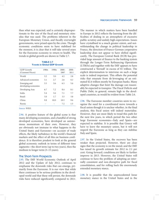 Macroeconomic Framework 59



than what was expected, and is certainly dispropor-       The manner in which matters have been handled
tionate to the size of the fiscal and monetary stim-      in Europe in 2012 reflects the learning from the dif-
ulus that was used. The problems inherent in the          ficulties of dealing in an atmosphere of excessive
European Monetary Union, and fiscally overweight          public scrutiny and unduly high expectations. Issues
governments, were prised open by the crisis. Though       have crystallised to a much greater extent, and not-
economic conditions seem to have stabilised for           withstanding the change in political leadership in
the moment, it is clear that it will take several years   France, the direction of Franco-German cooperative
for the Eurozone economy to return to health. The         leadership does not appear to have shifted signifi-
trends in global growth are shown in Table 2.7.           cantly. The European Central Bank (ECB) has pro-
                                                          vided large amount of finance to the banking system
                        TABLE 2.7                         through the Longer-Term Refinancing Operations
               Trends in Global GDP Growth                (LTROs) and together with the IMF appears to have
GDP Growth              1980s   1990s   2000–   2008–     constructed a ‘firewall’ in excess of $1 trillion. The
(Constant Prices)                        2007    2011     explicit determination to intervene on such a large
World                    3.2     3.0     4.2     2.8      scale is indeed important. This offsets the potential
Advanced economies       3.1     2.7     2.6     0.3
                                                          risks that emanate from de-leveraging of an esti-
                                                          mated $2.6 trillion mostly by European banks. Many
Emerging and             3.5     3.6     6.5     5.6
developing economies                                      adaptive changes that limit the damage can reason-
Developing Asia          6.7     7.2     8.4     8.1
                                                          ably be expected to transpire. The Fiscal Deficits and
                                                          Public Debt, in general, remain high in the devel-
India                    5.4     5.6     7.1     7.7
                                                          oped countries, as would be evident from Table 2.6.
Brazil                   3.0     1.7     3.5     3.8
China                    9.8    10.0    10.5     9.6      2.96. The Eurozone member countries seem to rec-
Russia                    –      –       7.2     1.5      ognise the need for a coordinated move towards a
Source: WEO.                                              fiscal union though it is unclear whether, in the final
                                                          analysis, this fiscal union will indeed materialise.
2.94. A positive feature of the global scene is that      However, they are most likely to tread this path for
many developing economies, and a handful of strong        the next few years, in which period the two other
developed economies, have developed an autono-            large Eurozone economies—Italy and Spain—are
mous momentum of their own. However, they                 expected to stabilise. It is possible that Greece will
are obviously not immune to what happens in the           have to leave the monetary union, but it will not
United States and Eurozone—on account of trade            imperil the Eurozone as long as they can stabilise
effects, the likely turbulence in the world’s financial   Italy and Spain.
markets and the effect of all this on business confi-
dence. It is therefore prudent to look at the general     2.97. In the United States, the recovery has been
global economic outlook in terms of different time        weaker than projected. However, there are clear
segments—the short term (up to two years), then the       signs that the economy is on the mend, and the IMF
medium to longer term (3–15 years).                       has raised its growth estimate for 2012 to 2.1 per
                                                          cent. Going forward, conditions are likely to further
The Short-Term Prospects                                  improve in 2013. However, the United States will
2.95. The IMF World Economic Outlook of April             continue to have the problem of adopting an inter-
2012 and the Update of July 2012, continues to            nally consistent and non-disruptive path for fiscal
emphasise the downside risks that can emerge, pri-        consolidation, and for rolling back the enormously
marily from the Eurozone. It is our view that while       extended monetary stance.
there continues to be serious problems in the devel-
oped world and that these will persist, the downside      2.98. It is possible that the unprecedented loose
risks have reduced significantly compared to 2011.        monetary stance in the United States and in the
 