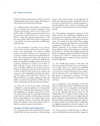 80   Twelfth Five Year Plan



therefore, 2.88 percentage points of GDP. It must be     section. This section focuses on the allocation of
emphasised that achievement of these BCR targets is      Public Sector Resources for the Twelfth Plan between
a key element in the financing of the Plan.              the Centre and the States/UTs and the proposed sec-
                                                         toral distribution of the resources in keeping with
3.42. Underlying the projected BCR is a projection       the objective of achieving faster and more inclusive
that tax revenues (net to Centre) would grow from        growth.
7.60 per cent of GDP in 2012–13 to 8.79 per cent of
GDP in 2016–17. NPRE is expected to decline from         3.46. The projected assessment of resources of the
8.53 per cent of GDP in 2012–13 to 7.09 per cent in      public sector for the Twelfth Plan at `8050123 crore
2016–17. Thus the projected improvement of 2.49          at current prices comprises of the Centre’s share at
per cent of GDP in BCR of the Centre is expected to      `4333739 crore and the States/UTs share at `3716385
come slightly more from contraction in NPRE than         crore. The resources for the Central Plan includes
growth in taxes.                                         the GBS component of `2710840 crore and the IEBR
                                                         component of `1622899 crore at current prices.
3.43. The assumption of growth in tax revenues           Resource allocation in the Central sector accord-
of the Centre and the States built into the projec-      ing to different Heads of Development is indicated
tions is not unreasonable. Tax revenues recorded         in Annexure 3.1 and the Ministry/Department-wise
in the recent past has shown a lot of swings due to      details of budgetary support and IEBR are indicated
economic slowdown affected by the global financial       in Annexure 3.2. Table 3.11 indicates the sources of
crisis. The annual growth of gross tax revenue col-      funding public sector outlays for Centre and States
lection which dipped to 2–3 per cent in 2008–09 and      for the Twelfth Plan.
2009–10, returned to a healthy growth of 27 per cent
in 2010–11 followed by 13.69 per cent in 2011–12         3.47. The Twelfth Plan resources of the States and
(RE). With the recovery of the economy and pro-          UTs are projected at `3716385 crore at current prices,
posal to mobilise additional tax revenues, gross tax     out of which States’ own resources are `2858599
revenue is estimated to grow by about 19.5 per cent      crore and the CA to States and UTs is `857786 crore
in 2012–13 (BE) over the previous year. Efforts will     at current prices. Head of Development-wise alloca-
continue in the Twelfth Plan period towards achiev-      tion for the States/UTs with States/UTs-wise core
ing the targeted tax-to-GDP ratios. However, the         plan details are furnished in Annexure 3.3. These
BCR projections are equally dependent upon the           allocations would be finalised in consultation with
ability to moderate the growth in NPRE and this          the States.
aspect of the projections deserves focused attention.
                                                         3.48. A comparison of the distribution of the total
3.44. There are several factors which could make         GBS in the Eleventh and the Twelfth Plan has been
it difficult to contain expenditures to the projected    shown in Table 3.12. In comparison to the Eleventh
level. There is inevitable upward pressure of increas-   Plan realisation, there is an increase of 132.12 per
ing expenditure on subsidies, particularly on fertil-    cent in the projected GBS for the Centre for the
iser and petroleum due to increasing international       Twelfth Plan. CA to State/UT Plans for State sector
crude oil prices, and also on food owing to proposed     programmes is about 103.53 per cent higher than the
food security legislation. The subsidy regime needs      grant component realised during the Eleventh Plan.
to be urgently reformed to keep the total subsidy        The share of the projected grant component of the CA
within the ceiling of 1.5 per cent of GDP in 2016–17     to States/UTs plan in the total GBS for Twelfth Plan
that the resources projections have built in.            has slightly decreased from the level realised in the
                                                         Eleventh Plan (from 26.52 per cent to 24.04 per cent).
Allocation of Public Sector Resources
3.45. The projection of the overall resources for the    3.49. The projection of GBS allocation to different
Twelfth Plan has been presented in the preceding         sectors, Ministries/Departments and the support to
 