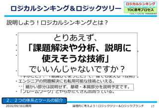 172016/09/16公開用 論理的に考えよう！ロジックツリー＆ロジックブランチ
ロジカルシンキング＆ロジックツリー
説明しよう！ロジカルシンキングとは？
ロジカルシンキング
TOC思考プロセス
・経営戦略立案のためのテクニック
（経営関連のコンサルティングで使われる）
・MBA（経営学修士）などでの学習課題にもなっている。
・ビジネス（に、関わらずですが）での「考え方」の機軸にもなる。
・MBAでの課題である通り、マーケティングや経営系、
営業で使われることが多いが、
全てのビジネスに関わる人に使える汎用的な技術（手法）。
・才能で使うのではなく、技術的に体系化されているのが特徴。
「学ぶこと」、「意識して使うこと」で、誰でも使える「技術」。
・エンジニアの問題解決にも転用可能な技術といえる。
･･･が、エンジニアで意識している人は少ない？
・「フレームワーク」とやらがたくさん出回っている。
細かい部分は説明せず、基礎・本質部分を説明予定です。
とりあえず、
「課題解決や分析、説明に
使えそうな技術」
でいいんじゃないですか？
２．２つの体系とツールの紹介
 