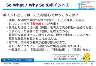 592016/09/16公開用 論理的に考えよう！ロジックツリー＆ロジックブランチ
So What / Why So のポイント②
３．ロジックツリーの紹介
ロジックツリー
MECE
SoWhat/WhySo
ポイントとしては、こんな感じでやってみては？
・実験、Tryばかり続けるのではなく、机上で推敲してみる。
しつこいですが「書き出す」が大事！
・失敗した場合には一度「原因」を考えて次の行動へ進めてみる。
・うまく行った場合にも「理由」を考えてみる。
・技術的な要素はたまに疑ってみる。自分で実験してみるとか。
意外な発見があるかもしれませんね。
・専門的、技術的な要素が必要な部分なので、
正しいかどうか？に、証明方法が別途必要になります。
⇒具体的には、「理論説明」、「実験結果」、「実績」かな。
こちらは主にエンジニア
向けの内容になります。
 