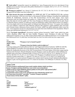 82
 “Annis jedhee” ammamillee raajooti irra deddeebi’ani karaa Waaqayyootiin kan ta’ee saba kakuutii fi kan
dubbatan yoo ta’ees baay’inaan garuu akka gidduu dhaabataatti ta’e in tajaajila (Ba”uu 32:11, Er 15:1, 18:20, Hiz
9:8, Dani’eel 9:15-19).
 “Waaqayyoo gooftaan” kun Adoonii fi Yaahiwwee (Er 14:7, 20, 21, Hiz 9:8, 11:13). 1:2 irratti maqaan
Waaqayyoolli kan jedhuu mata duree addaa ilaala.
 “Akka haraara hin goone sin kadhadha” kun (BDB 669, KB 757 Qal IMPERATIVE dha. gochama
jecha hin xumuramne. Jechii kun yeroo baay’ee ilma namaatiif dhiifama Waaqayyo ibsuudhaaf kan tajaajiluudha
(Robert B. Girdlestone, Synonyms of the Old Testamentfuula 135-136 irratti ilaalaa). Amos raajiin
hawaasicha irratti kan faradu haraara kan gaafatu ta’e. Ergaan murtii isaa kan hin tasgaboofne muriin isaa kan
fiduu ifatti akka hin mul’atne godhe ture! Kan Amos Waaqayyoon dhiifamaa gaafachuun bu’aa hin qabu. Kunni
(1) Murtichii dhiisuu yookaan; (2) tokkoyyuu murtii hin barbaachisu cubbuu isaani dhiisiif jechuu ta’uu danda’a.
Amos kan jalqaba mul’ati isaa lamaan gaafii wal fakkaata kana fakkaatan dhi’eesera. Ta’us garuu Amos kadhata
isaa yeroo kadhatuu Yaahiwween akka lakkoofsa tokkootti akka gargaaruu yaadeti.sadaffaafi afran mul’atichi
yeroo ibsaman haraari tokkuuyyuu keessa isaanitti hin ibsmne, sababii isaa qalbiin jijjiranaan tokkoo iyyuu hin
ture! Yeroo boqonnaa isaa kan itti caale hameenya isaa malee hara’umsa haafuraatii fi hin fayyadamne. Obsaa fi
haraari gara dheekamsaati jijjirameera (7:8, 9, 8:7, 10, 11)!
7:2, 5 “Yaa’iqoob xiqqaadhaati” oliyyannoon raajicha jechuun hawaasicha “fedhii” malee sabichi kan qabu
“walitti dhuufenya kakuu” akka hin taane hubadha. Waaqayyo sanyii Abirahaam (1) akka urjii Waaqa
(fakkeenyaaf Uumamaa 15:5), (2) Akka ciracha galaana bukkee jiruu (fakkeenyaafUma22:17) fi (30 akka iracha
lafa (fakkeenyaafUma3:16) akka baay’isuu kakuu gale ture, haa ta’uu malee amma kan jiran xiqqoo turan!
7:3
NASB, TEV “Waaqayyo waa’ee kanaaf in gaabe”
NKJV, NRSV,
NJB “Waaqayyo kana kan ilaalate yaada isa jijjireera”
Kunni kan Arabaa jecha hundee qabeessa hiiki isaa “gadi faggeenyaan hafuura baafachuu” (BDB 636, KB 688,
Niphal PERFECT).jechudha. Kun jecha dhokataa namaati, hundeen jecha kana miira gadi fagoo ibsa (kan
Robert B. Girdlestone,Synonyms of the Old Testamentfuula 87-88 irratti ilaalaa). Jechii kunni maqaa raajicha
Naahom irratti ibsameera. Macaafa Qulqulluu keessatti Waaqayyo yaada isaa akka jijiiruu fi akka dadhabuu irra
deddeebi’amee yeroo baay’ee ibsameera (lakk. 6,Uma18:22-32, Lak 14:11-20, Iya 7:6-13, Mootota isa 2 22:19-
20, Fara 106:45,Er 18:1-16, 26:3, 13, 19, Yoonaas 3:10) .Waaqayyo (1) kadhataa keenyaa fi (2) Amala gara
laafumaa fi jaalala isaatiin (Bau 3:7, Abboota 2:18, Hose’aa 11:8-9, Iya 2:13-14, Amos 5:15). Haalota ka’an
jijjiiru danda’a, ta’us garuu uumamni Waaqayyo kun yookaan akeeki isaa kan oli gadi rukkutamuudha jedhamee
ilaalamu in qabu. Inni hin jijjiramuu (Lak 23:13, Samu’eel isaa duraa 15:29, Milkiyaas 3:6, Ibiroota 13:8, Phex
1:17).
Amos 7:4-6
4
Wanta Waaqayyo gooftaanmul’ataan anatti argisiise dabalee isinitti nan hima;
Kunoo, Waaqayyo gooftaan firdii biyya sana irratti raawwachuudhaaf,
ibidda irratti in waame ibiddichis galaana guddaa isa lafa qotiisa xaph gochuuf jedhe*.
5
Kana irratti “Yaa Waaqayyo gooftaa,
Yaaqoob ilma xinnaa waan ta’eef, attamitti kana dura dhaabachuu danda’aree?
Ati wanta kana irraa ittisi!” nan jedhe. 6
Yommus Waaqayyo gooftichi,
“Kunis immoo itti hin dhufin!” jedhe.
7:4
NASB “loluu”
NKJV “Walitti bu’uu”
NRSV (footnote) “Murtii”
TEV “Adabuuf qopha’uu”
 