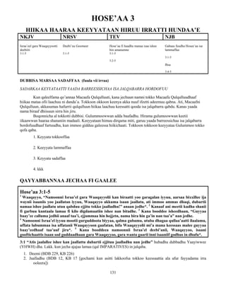 131
HOSE’AA 3
HIIKAA HAARAA KEEYYATAAN HIRUU IRRATTI HUNDAA’E
NKJV NRSV TEV NJB
Israa’eel gara Waaqayyootti
deebiiti
3:1-5
Deebi’uu Goomeer
3:1-5
Hose’aa fi haadha manaa isaa ishee
hin amanamne
3:1-5
3:2-5
Gabaas fuudha Hosee’aa isa
lammaffaa
3:1-5
Ibsa
3:4-5
DUBBISA MARSAA SADAFFAA (fuula vii irraa)
SADARKAA KEYYATAATTI YAADA BARREESSICHAA ISA JALQABARRA HORDOFUU
Kun qaleelfama qo’annaa Macaafa Qulqulluuti, kana jechuun namni tokko Macaafa Qulqulluudhaaf
hiikaa mataa ofii laachuu ni danda’a. Tokkoon okkoon keenya akka nuuf ifeetti adeemuu qabna. Ati, Macaafni
Qulqulluun, akkasumas hafurrii qulqulluun hiikaa laachuu keessatti qooda isa jalqabarra qabdu. Kanas yaada
nama biraaf dhiisuun sirra hin jiru.
Boqonnicha al tokkotti dubbisi. Gulummoowwan adda baafadhu. Hirama gulumoowwan keetii
iikaawwan haaraa shananiin madaali. Keeyyataan himuu dirqama miti, garuu yaada barreessichaa isa jalqabarra
hordofuudhaaf furtuudha, kun immoo gidduu galeessa hiikichaati. Tokkoon tokkoon keeyyataa Gulummoo tokko
qofa qaba.
1. Keyyata tokkooffaa
2. Keeyyata lammaffaa
3. Keyyata sadaffaa
4. kkk
QAYYABBANNAA JECHAA FI GAALEE
Hose’aa 3:1-5
1
Waaqayyo, “Namoonni Israa’el gara Waaqayyolii kan biraatti yoo garagalan iyyuu, aarsaa bixxillee ija
waynii isaaniis yoo jaallatan iyyuu, Waaqayyo akkuma isaan jaallatu, ati immoo ammas dhaqi, dubartii
namaa ishee jaallatu utuu qabduu ejjitu tokko jaalladhu!” anaan jedhe*. 2
Kanaaf ani meetii kudha shanii
fi garbuu kuntaala lamaa fi kilo digdamaatiin ishee nan bitadhe. 3
Kana booddee isheedhaan, “Guyyaa
baay’ee calluma jedhii anaaf taa’i, ejjummaa hin hojjetn, nama bira hin ga’in nan taa’a” nan jedhe.
4
Namoonni Israa’el iyyuu mootii gurguddoota biyyaa, qalma gubamu, utuba dhagaa qullaa’aatti ilaalamu,
uffata lubummaa isa uffatanii Waaqayyoon gaafatan, bifa Waaqayyolii mi’a mana keessaas malee guyyaa
baay’eedhaaf taa’uuf jiru*. 5
Kana booddeea namoonnii Israa’el deebi’anii, Waaqayyoo, isaani
gooftichaattis isaan sod guddaadhaan gara Waaqayyoo, gara wanta gaarii inni isaaniif godhus in dhufu*.
3:1 “Atis jaalallee ishee kan jaallattu dubartii ejjituu jaalladhu nan jedhe” hubadhu dubbadhu Yaayiwwee
(YHWH) dha. Lakk. kun jecha ajajaa lamaa (qal IMPARATIVES) in jalqaba.
1. Deemi (BDB 229, KB 226)
2. Jaalladhu (BDB 12, KB 17 [gochami kun asitti lakkoofsa tokkoo keessaattia ala afur fayyadama irra
ooleera])
 