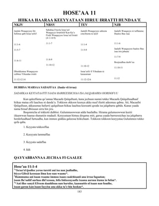 183
HOSE’AA 11
HIIKAA HAARAA KEEYYATAAN HIRUU IRRATTI HUNDAA’E
NKJV NRSV TEV NJB
Jaalala Waaqayyoo Itti
fufiinsa qabi Israa’eeliif
11:1-4
11:5-7
11:8-11
Dheekkamsa Waaqayyoo
cubbuu Yihuudaa irratti
11:12-12:14
Sababaa Fincila Israa’eel
Waaqayyo Irrattiitiif Kan Ka’e
Firdii Waaqayyoo Israa’eel Irratti
(4:1-14:9)
11:1-7
11:8-9
11:10-12
Jaalalli Waaqayyoo saboota
cinciltoota ta’aniif
11:1-4
11:5-9
11:10-12
Israa’eelii fi Yihudaan ni
kasasaman
11:12-12:6
Jaalalli Waaqayyo ni tuffatame;
Haaloo Bau isaa
11:1-6
Jaalalli Waaqayyoo haaloo Bau
isaa irra jabaata
11:7-9
Boojuudhaa deebi’uu
11:10-11
11:12
DUBBISA MARSAA SADAFFAA (fuula vii irraa)
SADARKAA KEYYATAATTI YAADA BARREESSICHAA ISA JALQABARRA HORDOFUU
Kun qaleelfama qo’annaa Macaafa Qulqulluuti, kana jechuun namni tokko Macaafa Qulqulluudhaaf
hiikaa mataa ofii laachuu ni danda’a. Tokkoon okkoon keenya akka nuuf ifeetti adeemuu qabna. Ati, Macaafni
Qulqulluun, akkasumas hafurrii qulqulluun hiikaa laachuu keessatti qooda isa jalqabarra qabdu. Kanas yaada
nama biraaf dhiisuun sirra hin jiru.
Boqonnicha al tokkotti dubbisi. Gulummoowwan adda baafadhu. Hirama gulumoowwan keetii
iikaawwan haaraa shananiin madaali. Keeyyataan himuu dirqama miti, garuu yaada barreessichaa isa jalqabarra
hordofuudhaaf furtuudha, kun immoo gidduu galeessa hiikichaati. Tokkoon tokkoon keeyyataa Gulummoo tokko
qofa qaba.
1. Keyyata tokkooffaa
2. Keeyyata lammaffaa
3. Keyyata sadaffaa
4. kkk
QAYYABBANNAA JECHAA FI GAALEE
Hose’aa 11:1-4
1
“Israa’el ijoollee yeroo turetti ani isa nan jaalladhe,
biyya Gibxii keessaas ilma koo nan waame*.
2
Hammuma ani isaan waame immoo isaan caalchisanii ana irraa fagaatan;
isaan Ba’aaliif aarhaa dhi’eessuu, bifa fakkeenyaafis ixaana aarsuu ituma in fufan*.
3
“Ani illee sanyii Efreem daaddisuu nan barsiise, kaasuuttis ol isaan nan fuudhe,
isaan garuu kan isaan fayyisu ana akka ta’e hin beekne*.
 