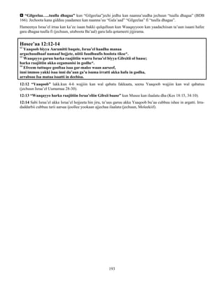 193
 “Gilgeelaa…..tuulla dhagaa” kun “Gilgeelaa”jechi jedhu kan naanna’uudha jechuun “tuulla dhagaa” (BDB
166). Jechoota kana gidduu yaadamee kan naanna’uu “Gala’aad” “Gilgeelaa” fi “tuulla dhagaa”.
Hameenya Israa’el irraa kan ka’ee isaan bakki qulqulluun kun Waaqayyoon kan yaadachiisan ta’uun isaani hafee
gara dhagaa tuulla fi (jechuun, utuboota Ba’aal) gara lafa qotameeti jijjirama.
Hosee’aa 12:12-14
12
Yaaqoob biyya Aaramitti baqate, Israa’el haadha manaa
argachuudhaaf namaaf hojjete, niitii fuudhuufis hoolota tikse*.
13
Waaqayyo garuu harka raajiitiin warra Israa’el biyya Gibxitii ol baase;
harka raajiitiin akka eegamanisi in godhe*.
14
Efreem tuttuqee gooftaa isaa gar-malee waan aarseef,
inni immoo yakki isaa inni du’aan ga’u isuma irratti akka hafu in godha,
arrabsoo Isa mataa isaatti in deebisa.
12:12 “Yaaqoob” lakk.kun 4-6 wajjiin kan wal qabatu fakkaata, seena Yaaqoob wajjiin kan wal qabatuu
(jechuun Israa’el Uumamaa 28-30).
12:13 “Waaqayyo harka raajiitiin Israa’eliin Gibxii baase” kun Musee kan ilaalatu dha (Kes 18:15, 34:10).
12:14 Sabi Israa’el akka Israa’el hojjeeta hin jiru, ta’uus garuu akka Yaaqoob bu’aa cubbuu ishee in argatti. Irra-
daddarbii cubbuu tarii aarsaa ijoollee yookaan ajjechaa ilaalata (jechuun, Moleekiif).
 